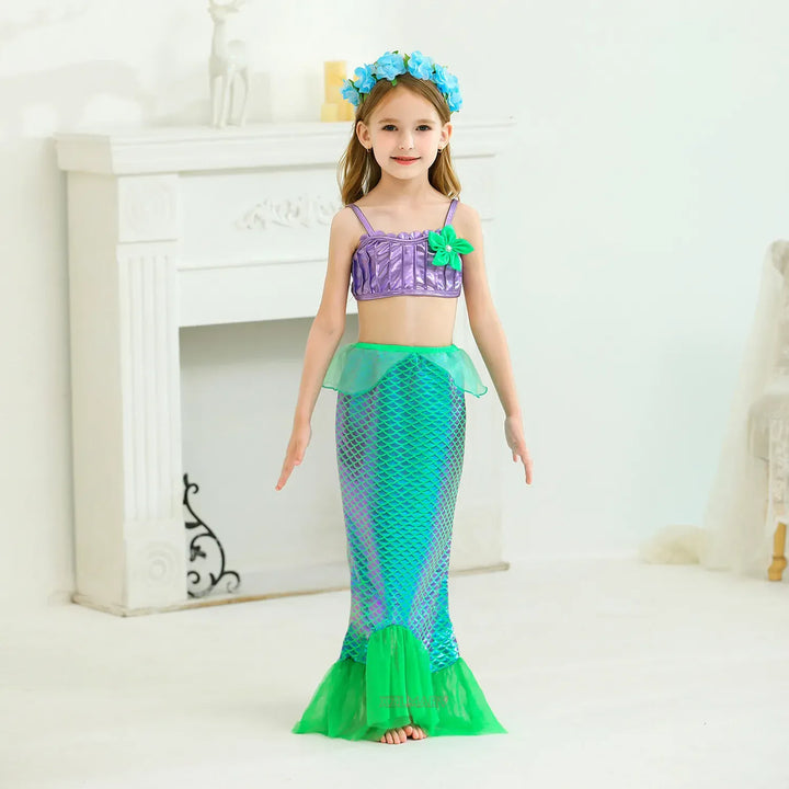 Costume de sirène enfant bleu et violet en polyester pour filles, idéal fêtes d'anniversaire et carnaval.