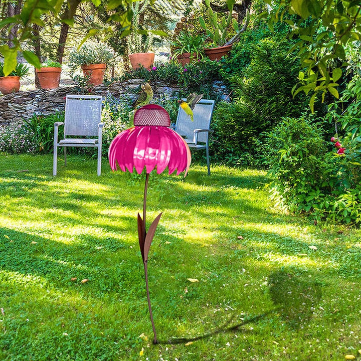 Mangeoire à oiseaux en acier durable, design floral rouge et bleu, idéale pour décorer le jardin extérieur.