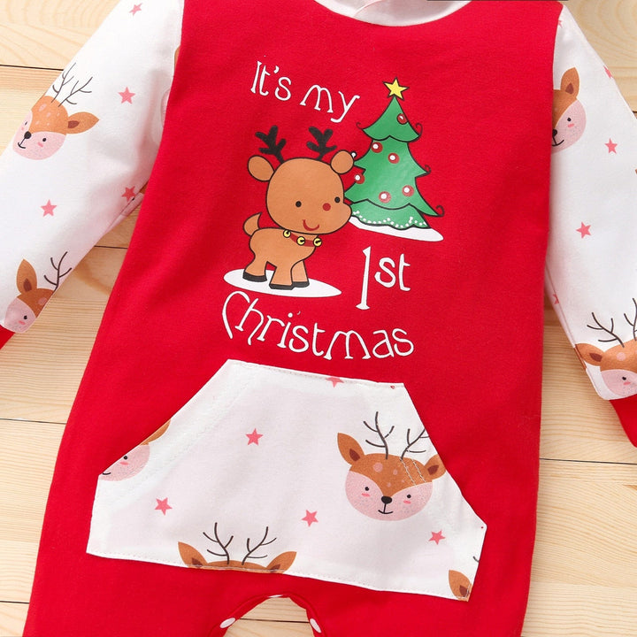 Pyjama bébé Noël aux motifs joyeux (rennes, flocons), festif et adorable pour garçon ou fille.