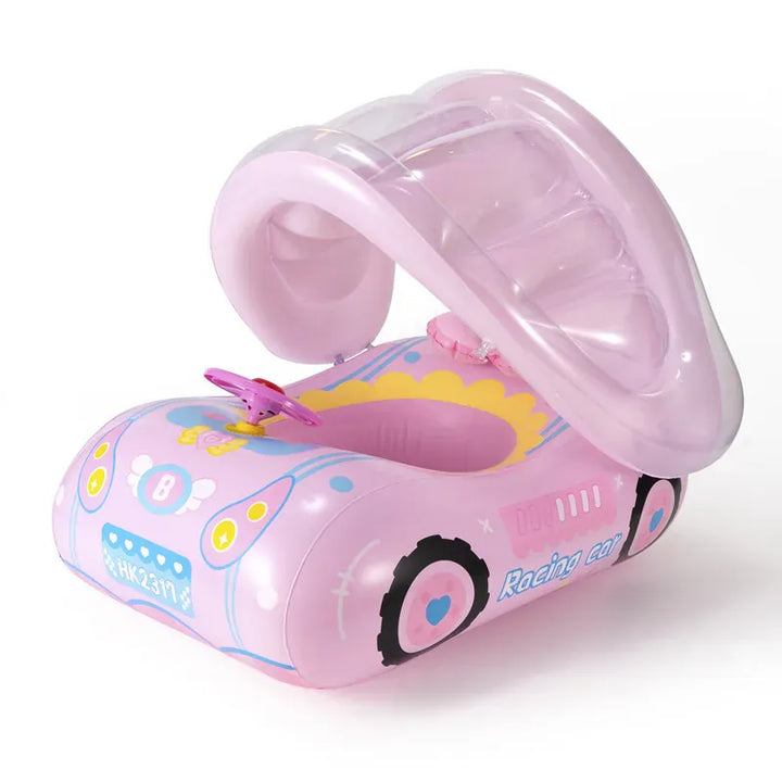 Bouée voiture gonflable pour bébé et enfant avec volant. Idéale pour la piscine et les jeux de plage en toute sécurité.