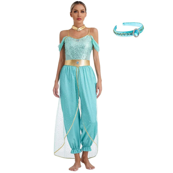 Déguisement Princesse Orientale femme, style Jasmine, tissu scintillant. Idéal soirée déguisée, carnaval, cosplay.
