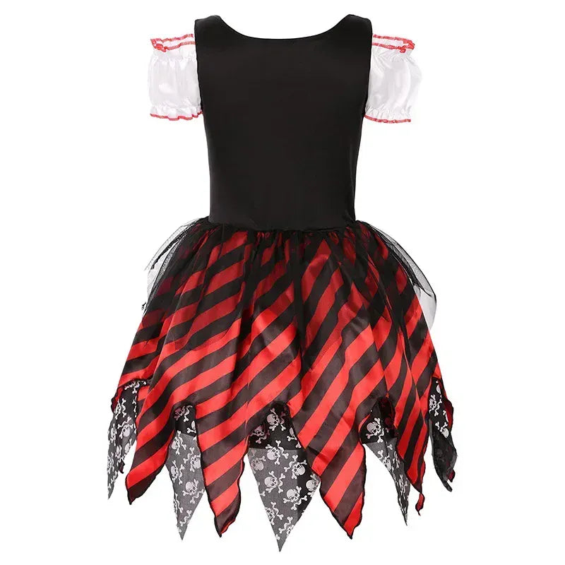 Robe de déguisement de pirate fille avec détails rayés et volants, gilet, ceinture, pour un look d'aventurière audacieuse.