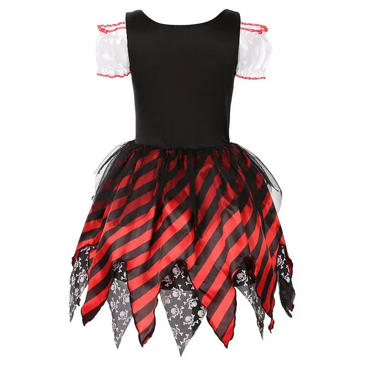 Robe de déguisement de pirate fille avec détails rayés et volants, gilet, ceinture, pour un look d'aventurière audacieuse.