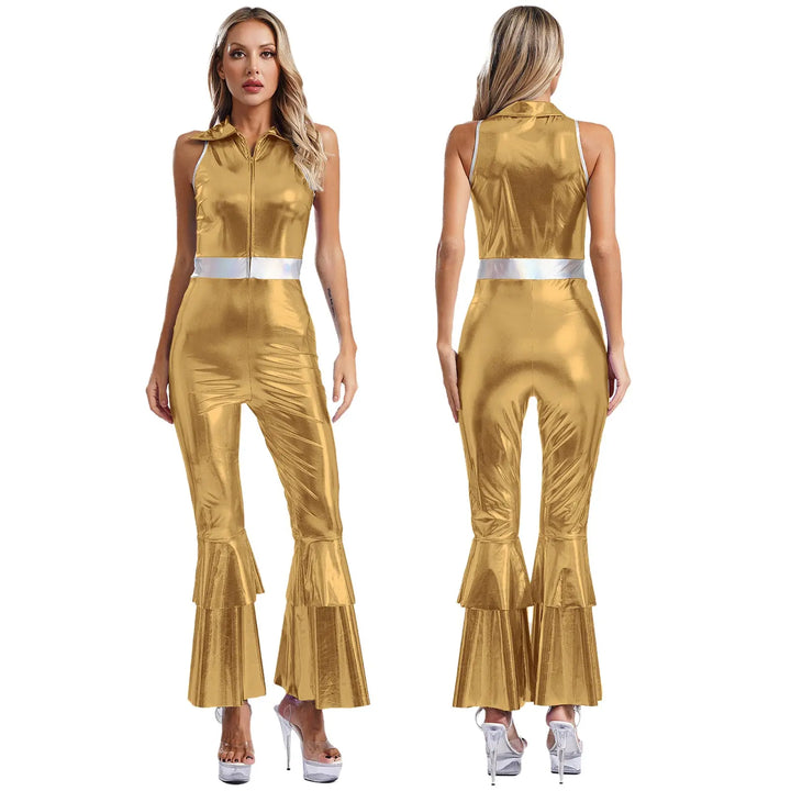 Déguisement femme métallique, années 90, combinaison brillante pour fête, spectacle ou cosplay rétro.