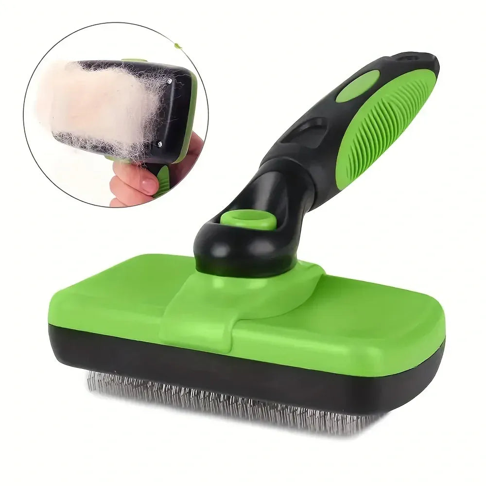 Brosse autonettoyante ergonomique pour un toilettage facile des chiens et chats, élimine les poils morts efficacement.