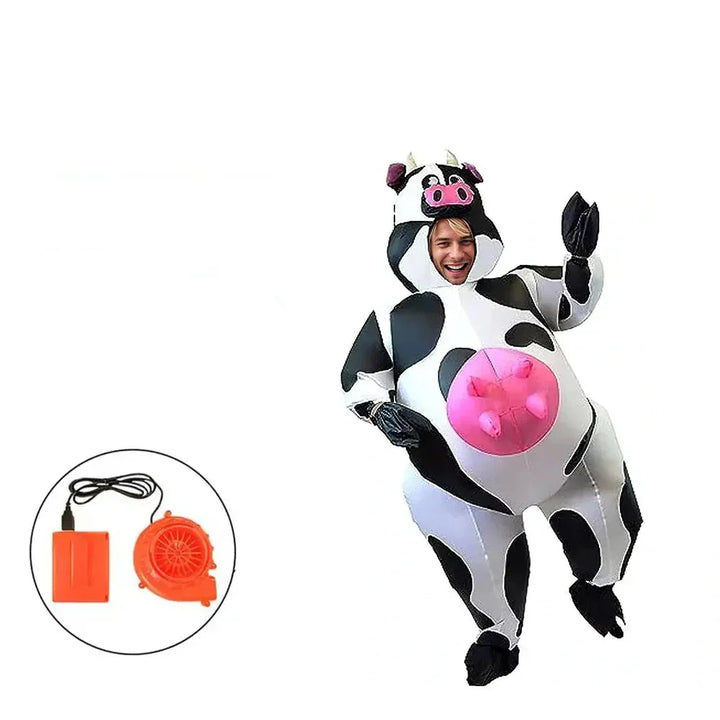 Déguisement de vache gonflable unique et confortable pour adultes. Fait sensation à toute fête ou événement.