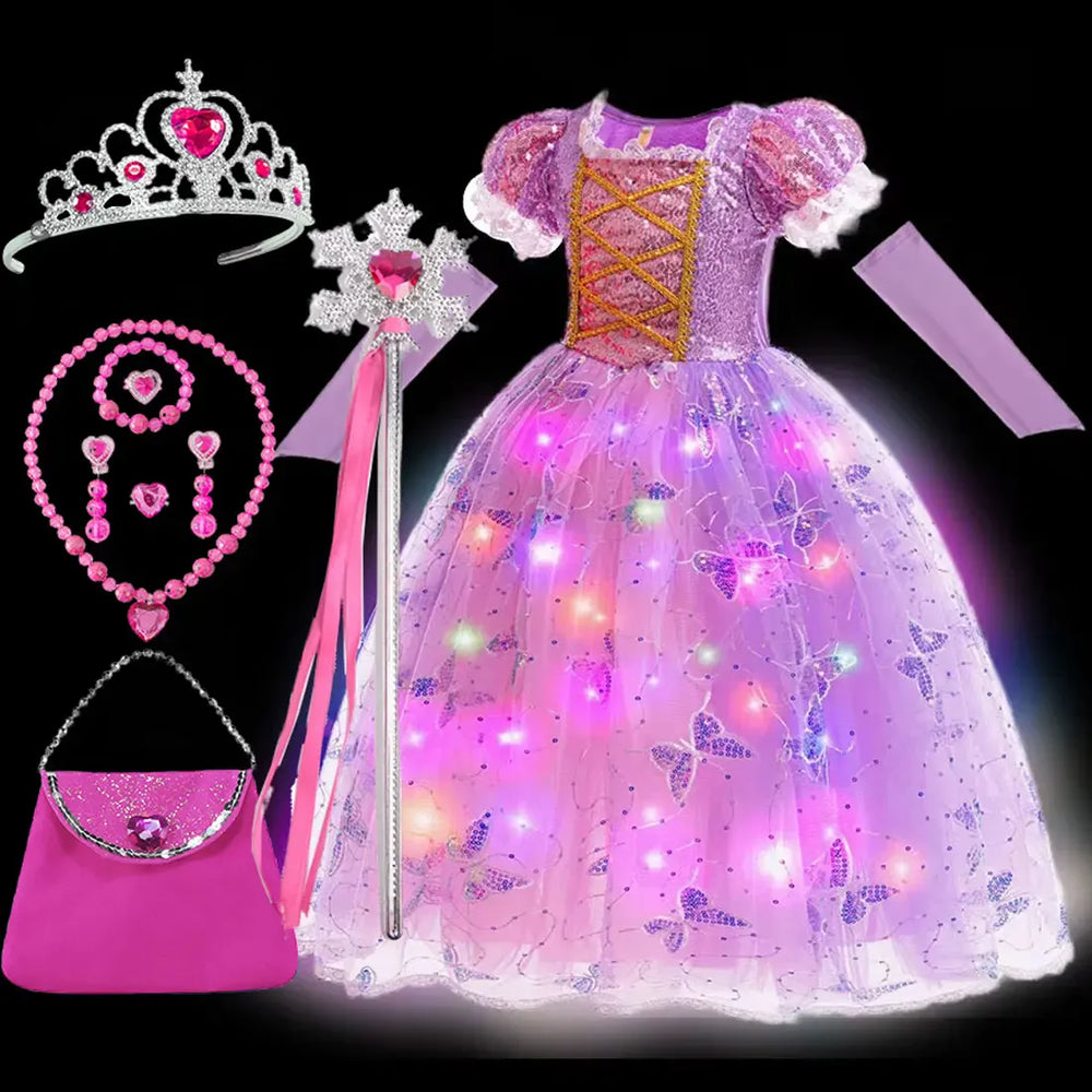 Déguisement Raiponce lumineux fille avec jupe LED scintillante, parfait pour fêtes et anniversaires d'enfants.