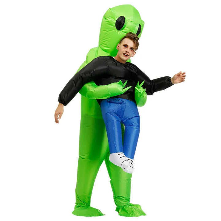 Costume gonflable d'alien humoristique pour homme et femme, idéal pour soirées déguisées et cosplay.