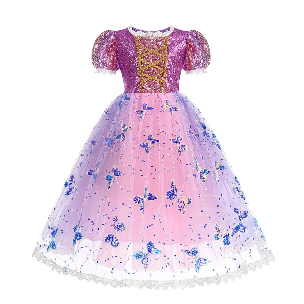 Déguisement princesse Raiponce lumineux enfant, idéal pour carnaval, fêtes d'anniversaire et soirées costumées.
