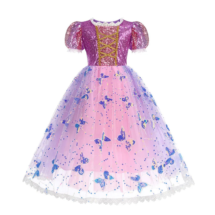 Déguisement princesse Raiponce lumineux enfant, idéal pour carnaval, fêtes d'anniversaire et soirées costumées.