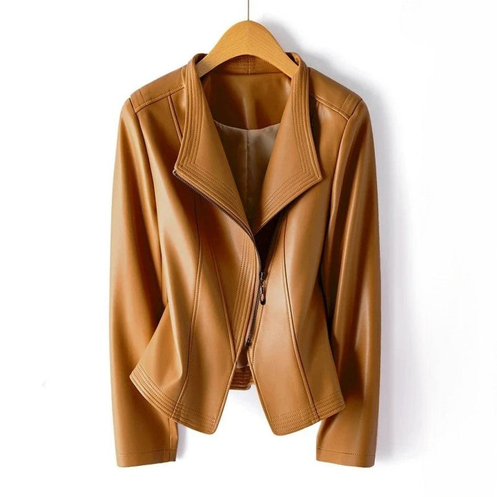 Veste en cuir noir pour femme, design asymétrique unique et col V distinctif. Parfaite pour printemps/automne.