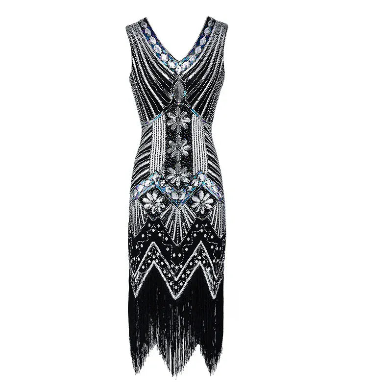 Robe déguisement flapper femme, style Gatsby années 20, franges dansantes et sequins scintillants.