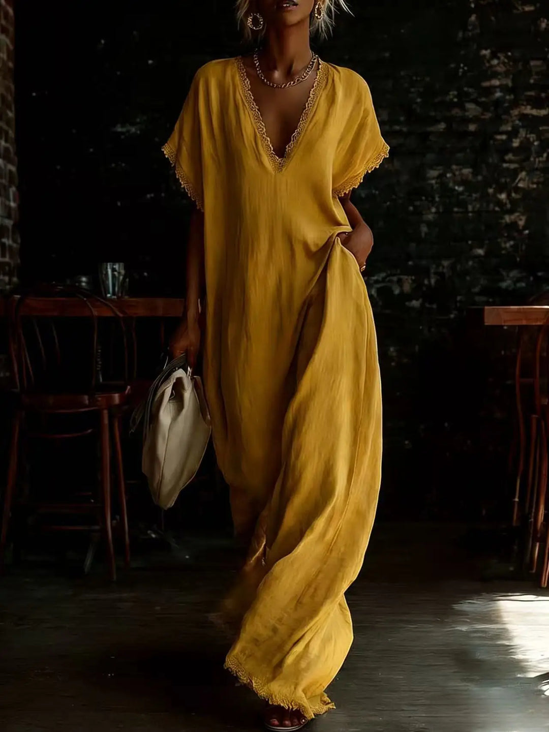 Robe d'été longue fluide pour femme, col V dentelle. Chic pour la soirée, décontractée pour les vacances.