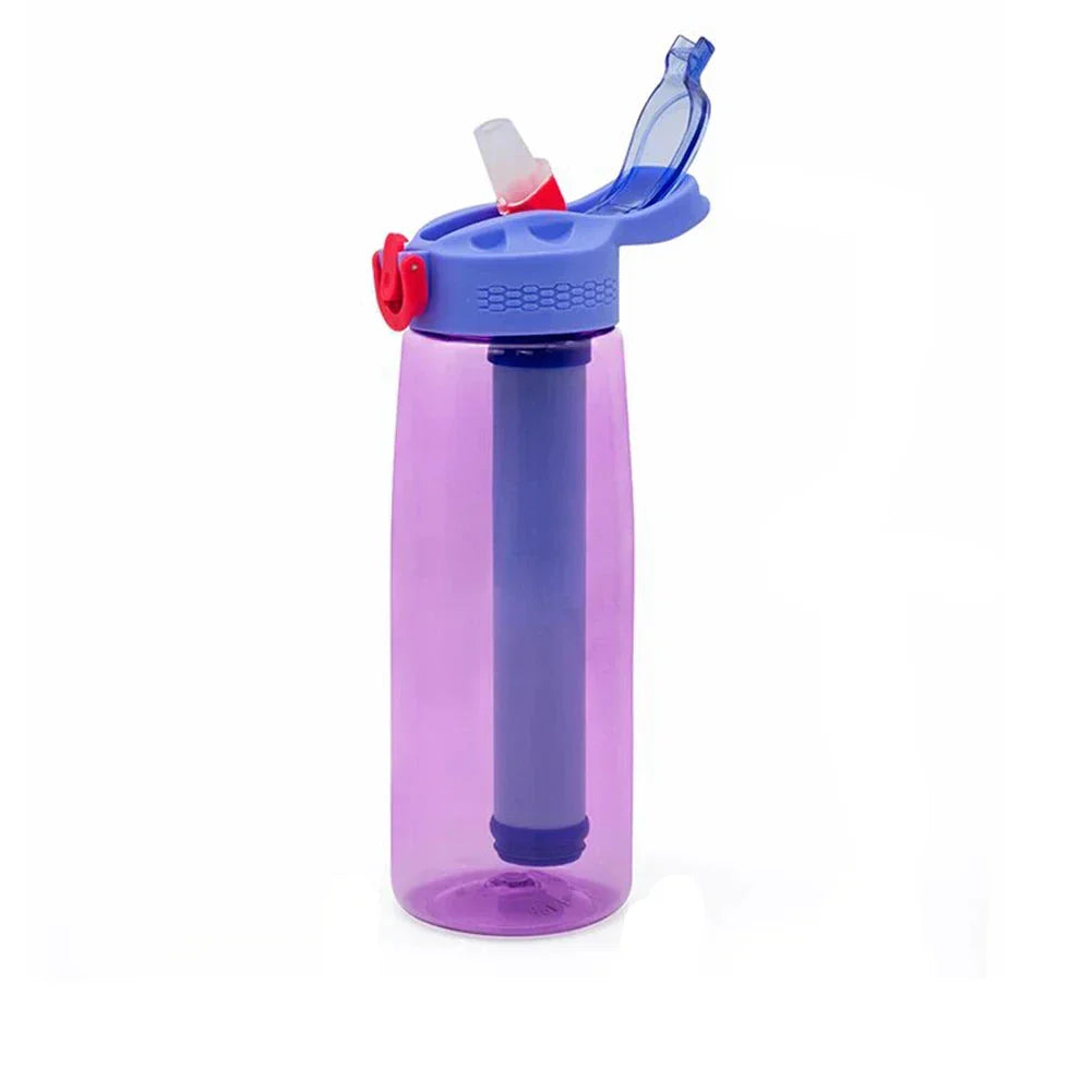 Bouteille d'eau portable avec filtre. Hydratation sûre pour randonnée, camping, voyage. Matériau Tritan écologique.