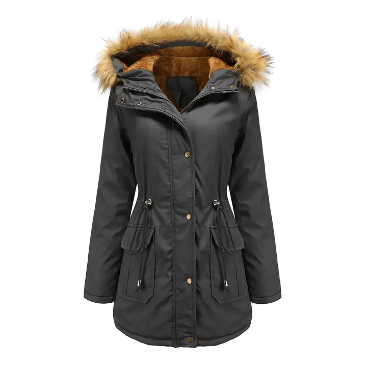 Parka doudoune longue femme, design élégant, chaude, coupe-vent et imperméable, col fourrure luxueux.