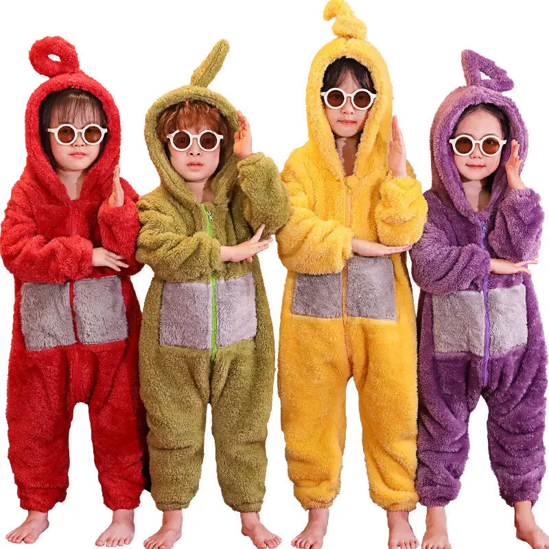 Kigurumi Teletubbies confortable, déguisement pyjama unisexe pour adultes et enfants, idéal pour fête et détente.