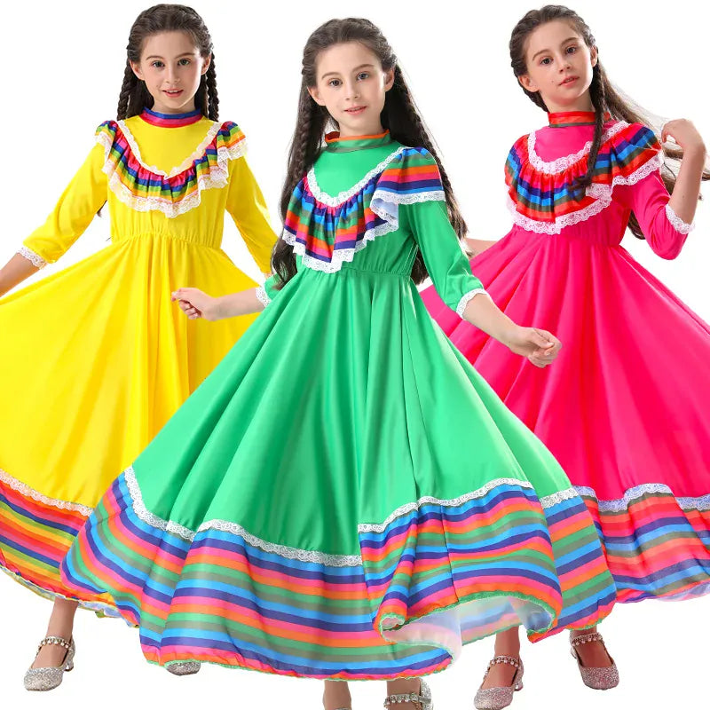 Robe de danse mexicaine traditionnelle colorée pour fille, idéale pour fêtes et spectacles folkloriques.