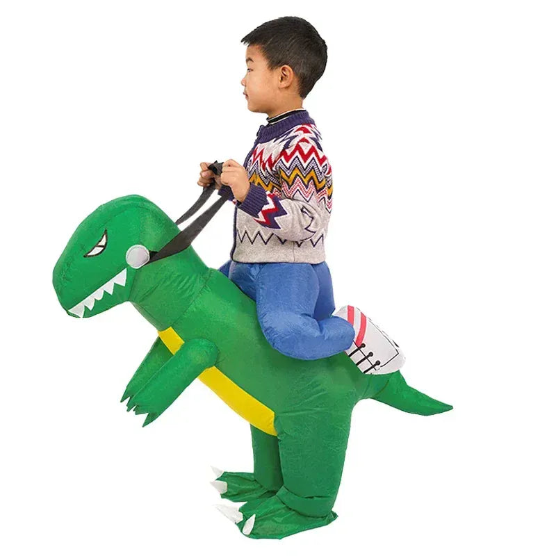 Adulte déguisé en dinosaure T-Rex gonflable, amusant pour fête, carnaval ou événement.