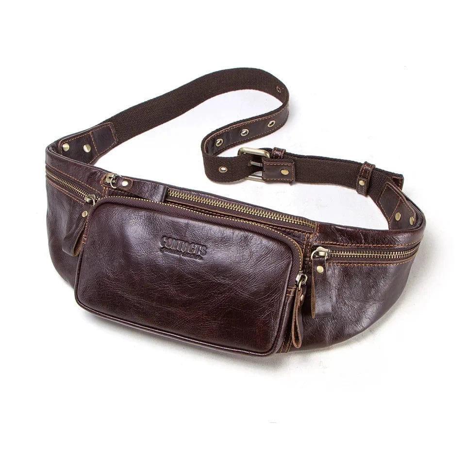 Sacoche banane cuir véritable noir, accessoire maroquinerie homme, allie élégance et fonction.