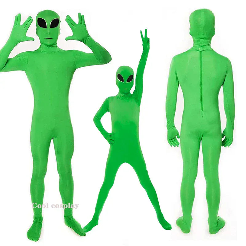 Déguisement zentaï alien vert unisexe enfants/adultes, idéal Halloween ou cosplay science-fiction.
