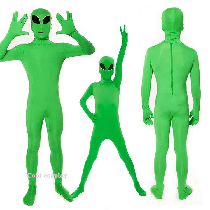 Déguisement zentaï alien vert unisexe enfants/adultes, idéal Halloween ou cosplay science-fiction.