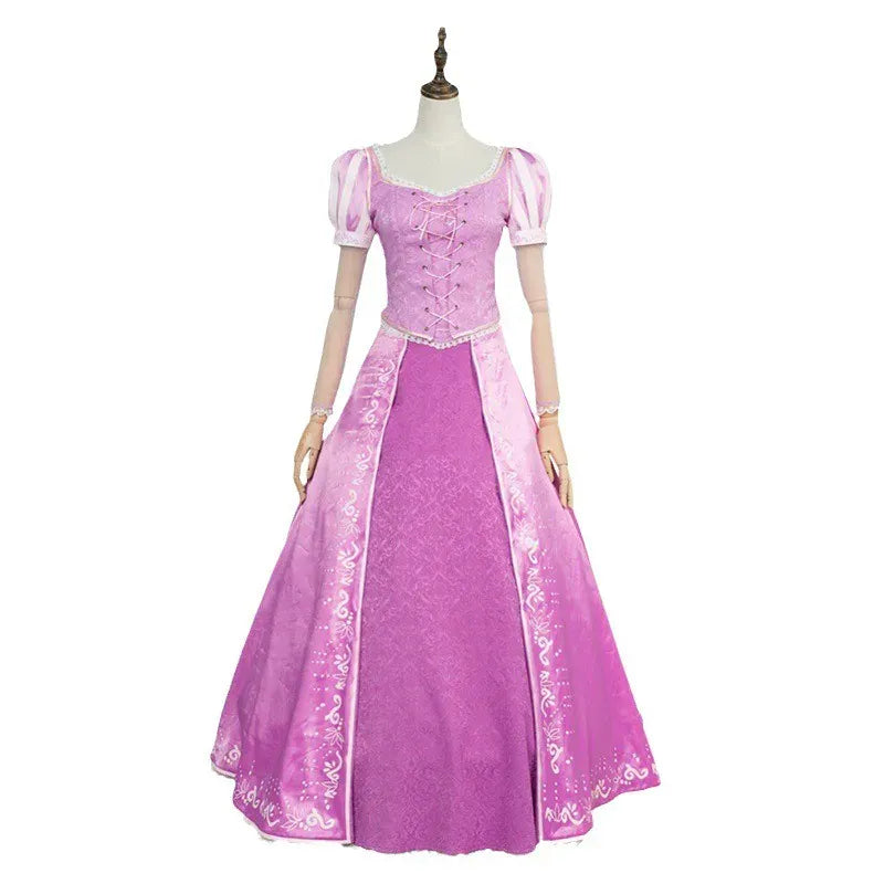 Déguisement Princesse Raiponce violet pour femme, robe cosplay longue, parfait pour Halloween ou soirée à thème.
