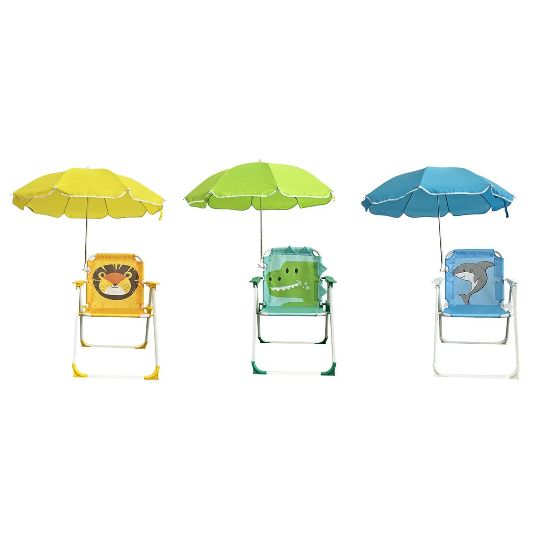 Chaise enfant pliable bleue pour la plage ou le camping, avec auvent de protection solaire intégré.