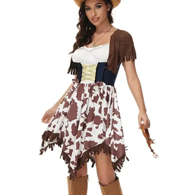 Robe de déguisement cowgirl western pour femme, avec franges élégantes et imprimé vache unique.