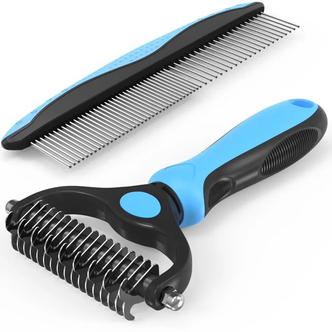 Brosse et peigne 2-en-1 pour chien et chat. Idéal toilettage, démêlage et élimination des poils morts.