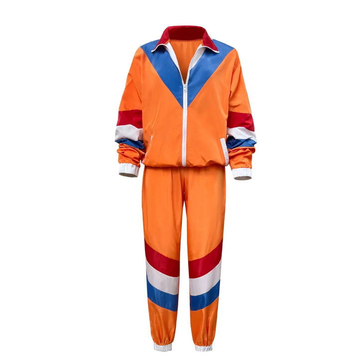 Mode vintage femme : déguisement années 90 orange 2 pièces. Tenue rétro confortable, parfaite pour soirée à thème ou festival.