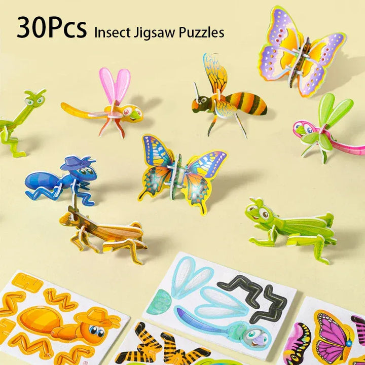 Ensemble de 30 puzzles 3D en papier InsectiCraft, insectes colorés pour enfants, développe la créativité et la motricité.