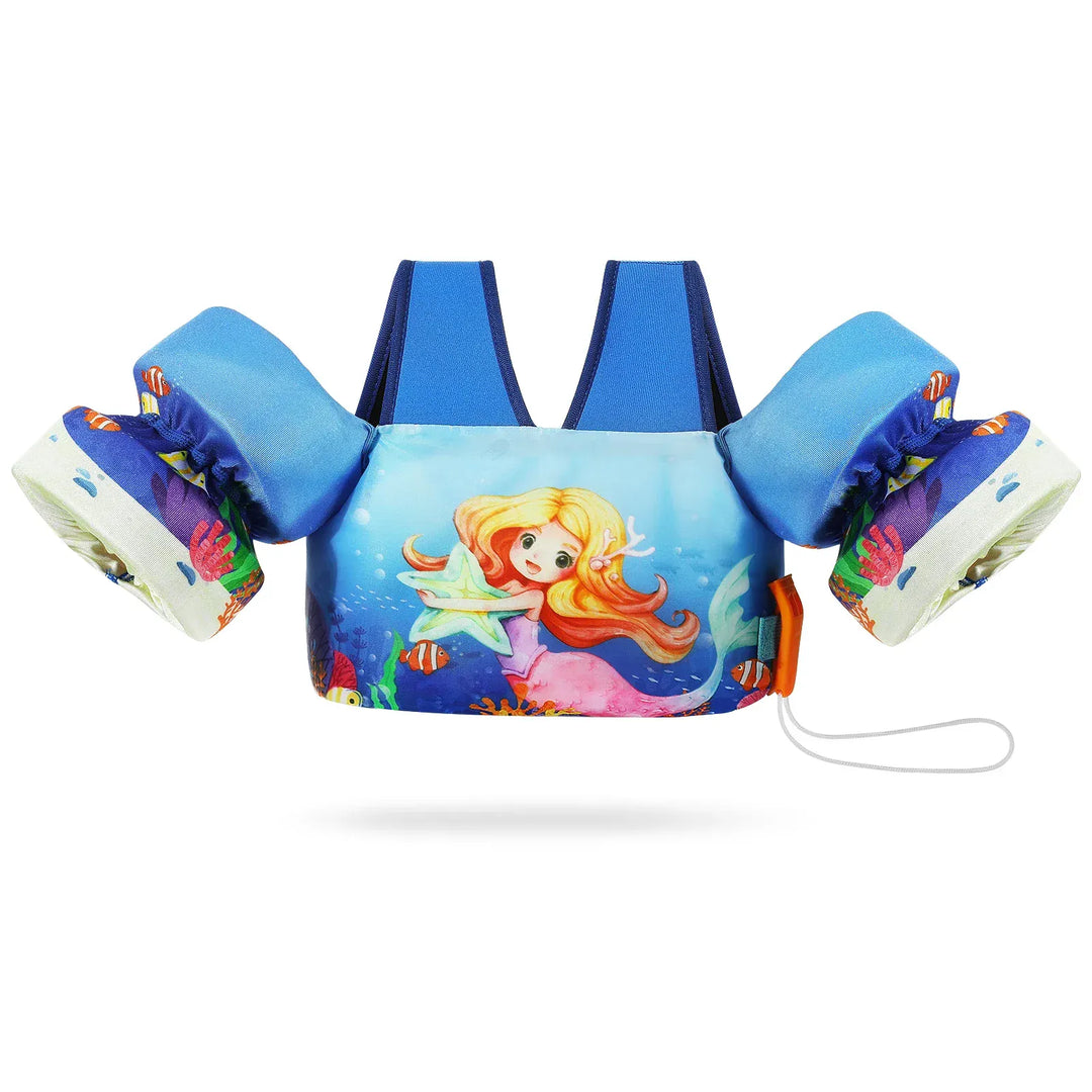 Gilet de natation enfant requin avec brassards, équipement essentiel pour la sécurité aquatique en mer.