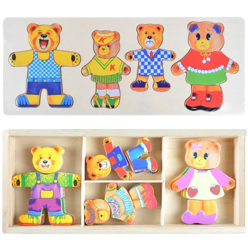 Jeu d'habillage bois ours. Puzzle interactif pour enfant, stimule l'apprentissage ludique.