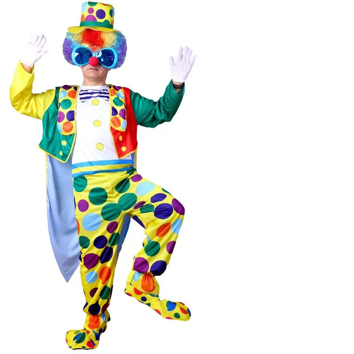 Tenue de spectacle clown adulte, couleurs gaies, pour carnaval et fêtes.