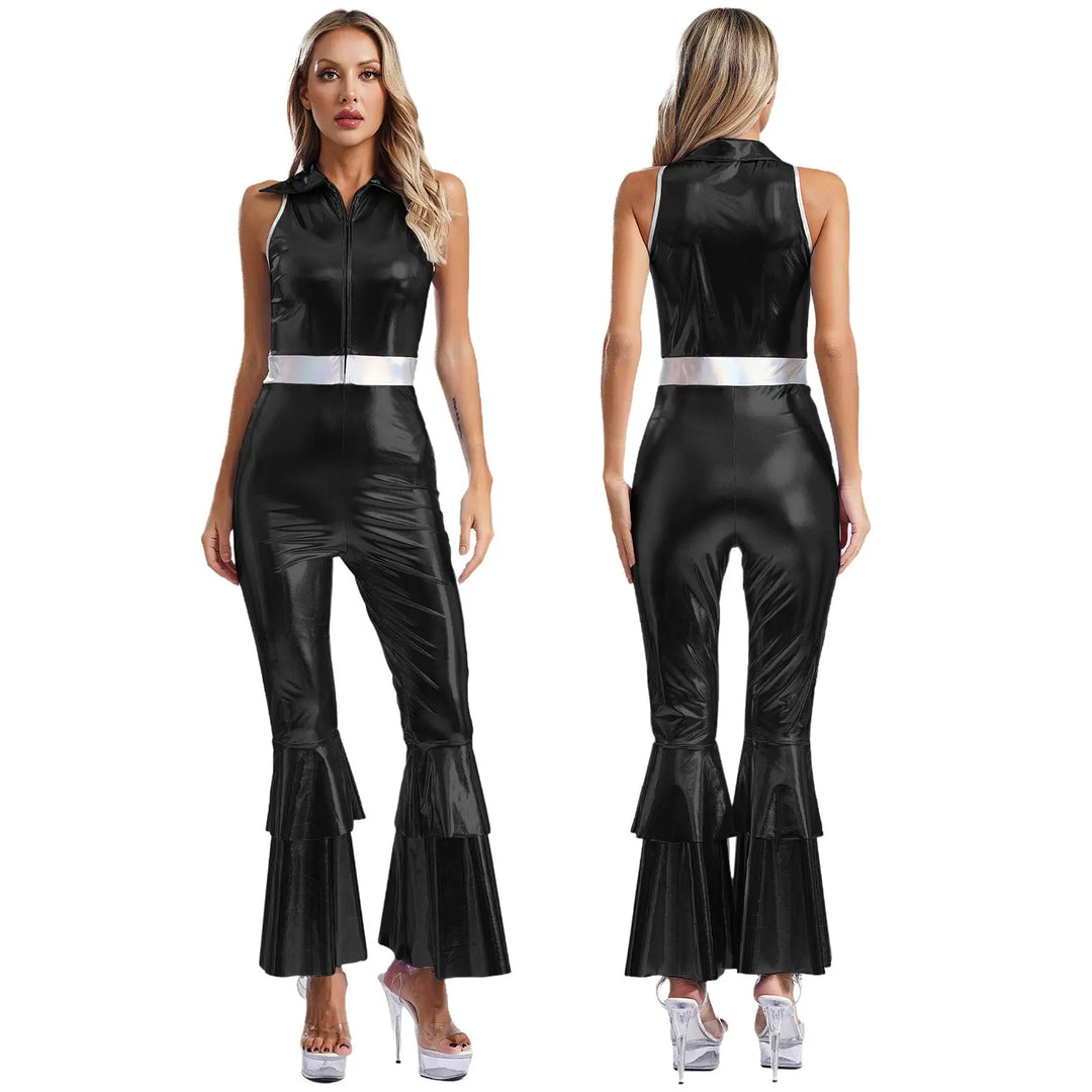 Tenue de cosplay femme années 90, déguisement combinaison métallique scintillante, esprit disco.