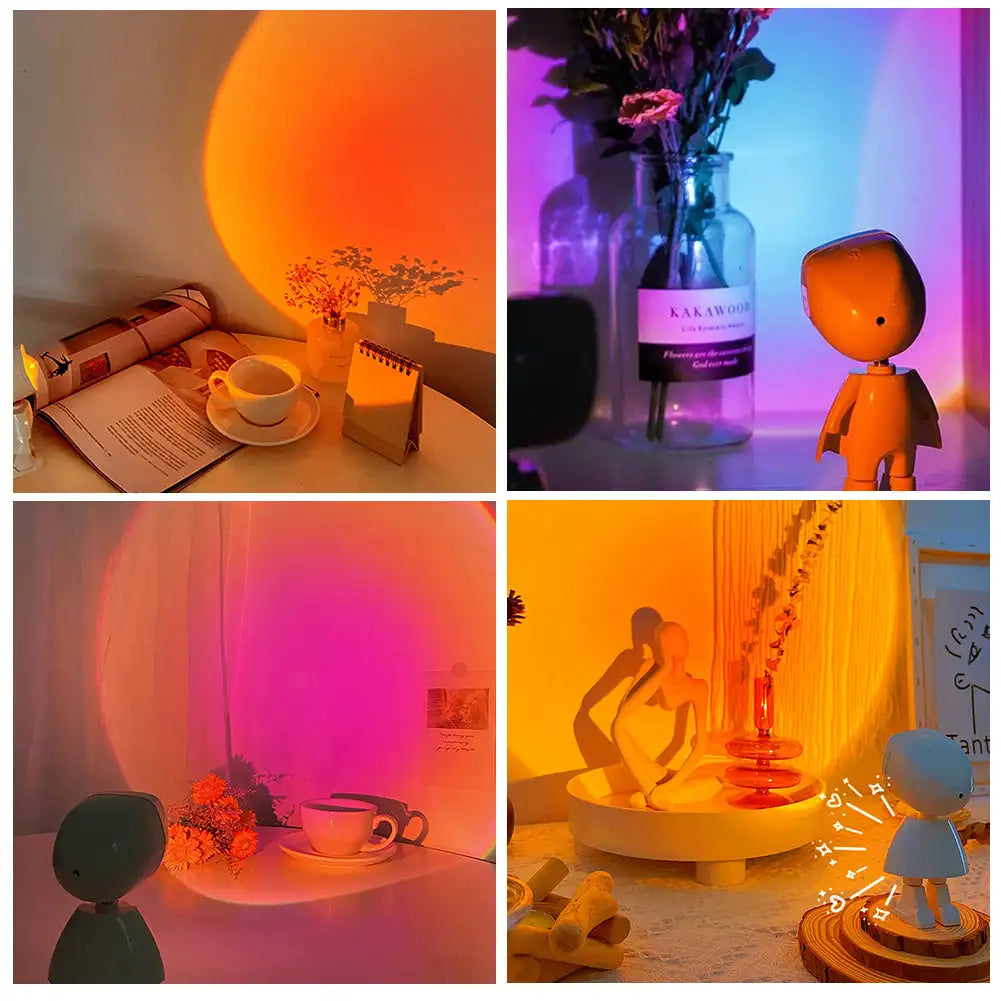 Décoration luminaire projecteur LED portable, simulant un coucher de soleil chaleureux pour toute pièce.