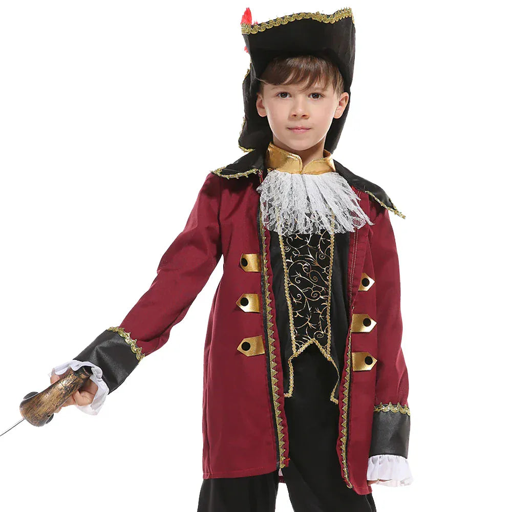 Déguisement pirate capitaine enfant avec chapeau, chemise, gilet. Idéal pour Halloween, carnaval ou fête.