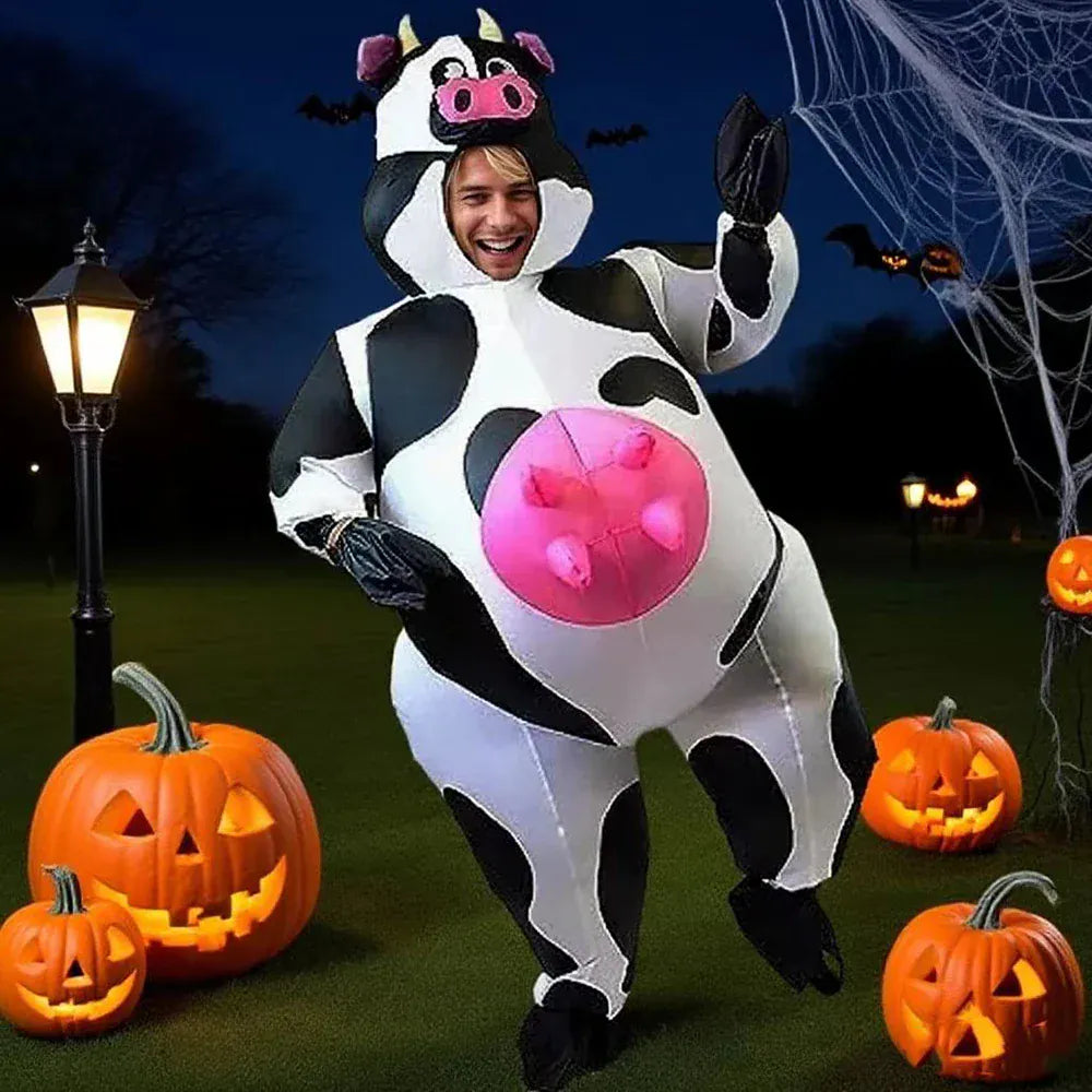 Déguisement vache gonflable hilarant pour adulte unisexe. Parfait pour fêtes, carnaval ou Halloween.