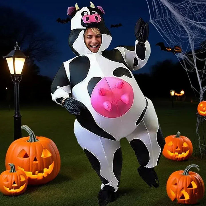 Déguisement vache gonflable hilarant pour adulte unisexe. Parfait pour fêtes, carnaval ou Halloween.