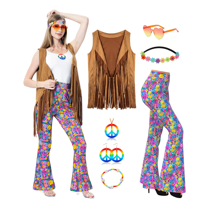 Tenue hippie chic pour femme, robe longue florale et colorée, parfaite pour soirée déguisée années 70.