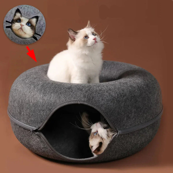 Nid tunnel chat gris en feutre, lit rond et amusant pour le repos, le jeu et la cachette des chats.
