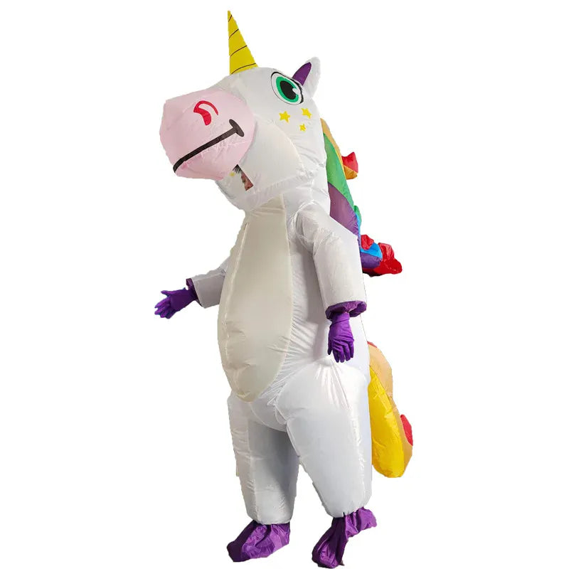 Déguisement licorne gonflable facile à porter. Costume fantaisie pour adultes, idéal pour carnaval et soirées.