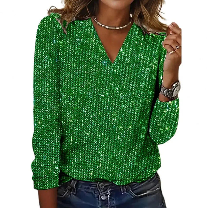Blouse femme tendance et scintillante à paillettes, coupe élégante, col en V. Idéale pour un look habillé.