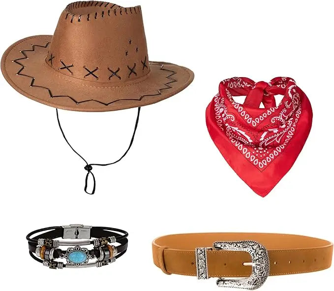 Déguisement femme cowboy pour Halloween ou fête à thème. Tenue western chic avec gilet à franges, chapeau et pantalon.