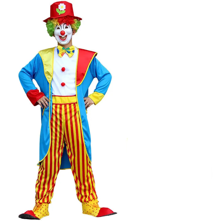 Costume de clown adulte extravagant, couleurs arc-en-ciel, pour animation.