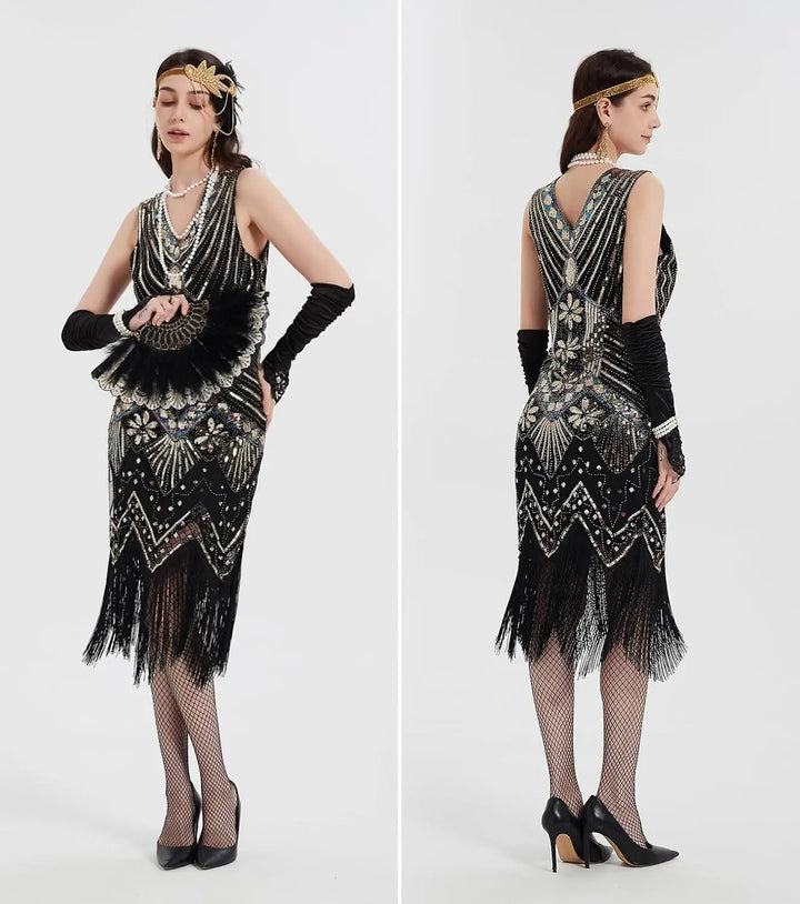 Robe de soirée vintage années 20 pour femme, déguisement flapper Gatsby chic, parfait pour Halloween.