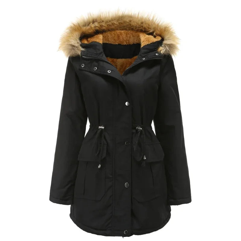 Parka femme hiver chic et longue, coupe-vent et imperméable, col en fourrure, pour temps froid.