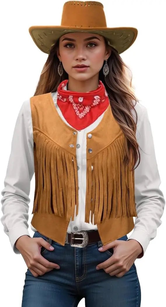 Costume western femme complet, avec chapeau, gilet à franges et jupe. Idéal pour Halloween ou soirée déguisée. Ambiance cowboy.