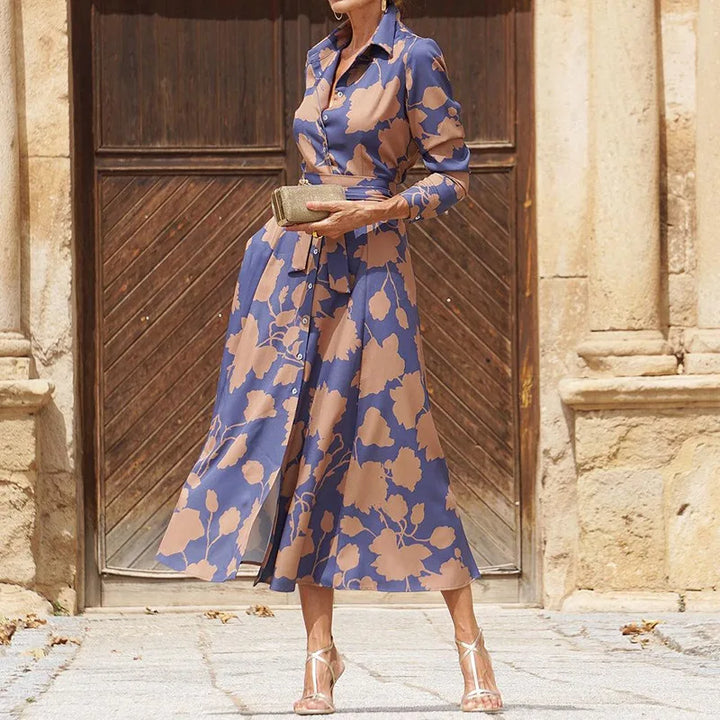Robe longue femme violette, élégante et confortable, manches longues, motif fleuri, look féminin moderne.