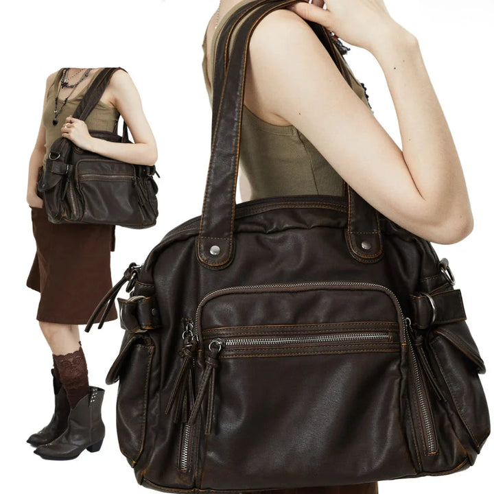 Cabas marron chic en cuir synthétique pour femme, sac de cours ou épaule, grand et vintage, idéal pour le quotidien.